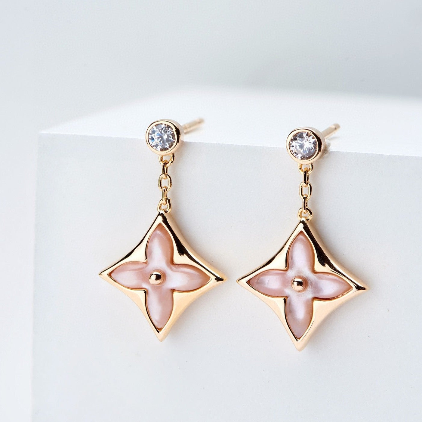 [Dawnora Jewelry]DOUBLE STAR PINK GOLD MOP DROP EARRINGS
