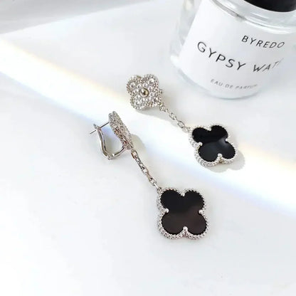 [Dawnora Jewelry]CLOVER 2 MOTIFS  DIAMOND ONYX EARRINGS SILVER