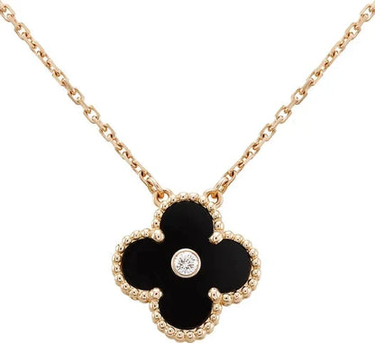 [Dawnora Jewelry]CLOVER 15MM DIAMOND ONYX NECKLACE