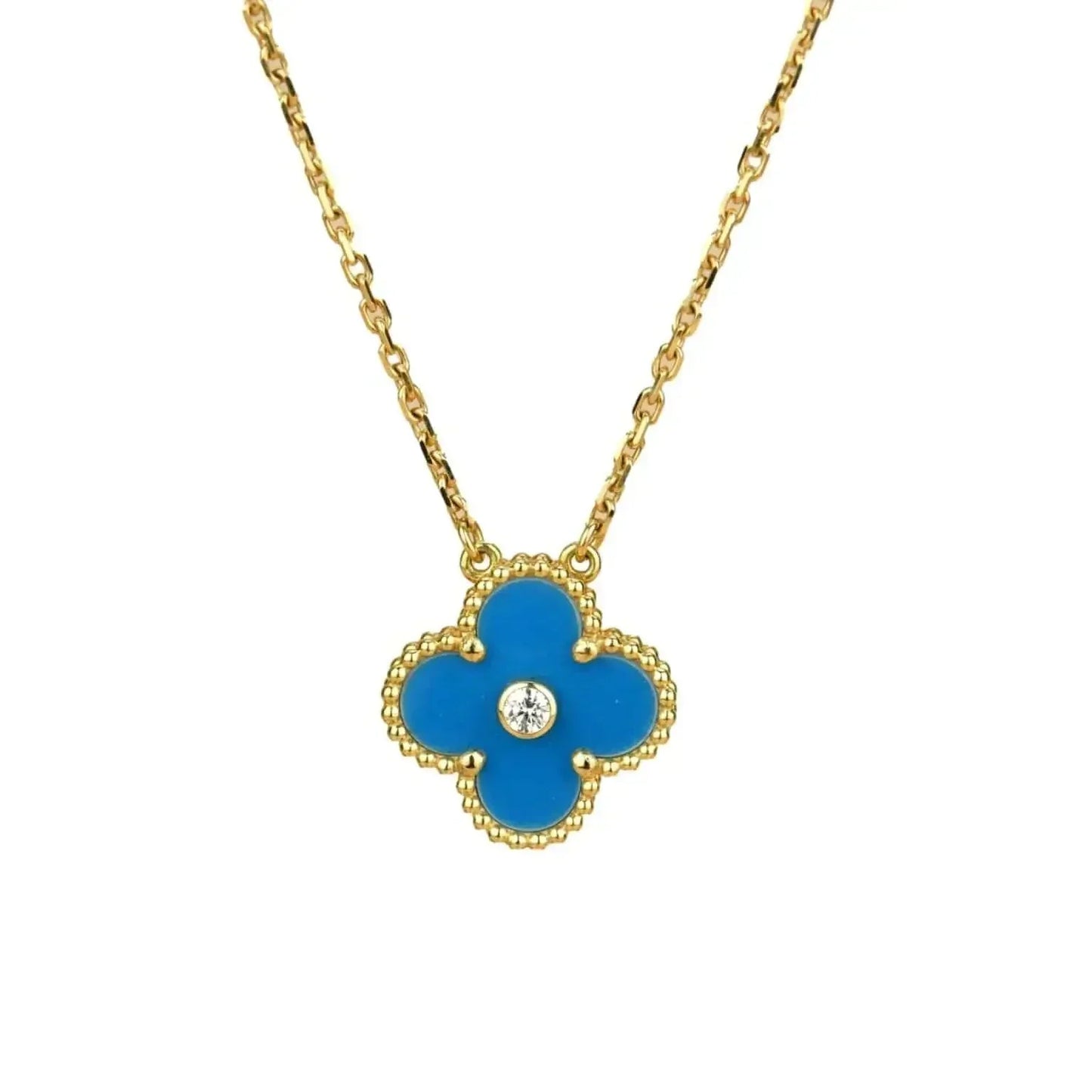 [Dawnora Jewelry]CLOVER 15MM DIAMOND AND BLUE AGATE NECKLACE