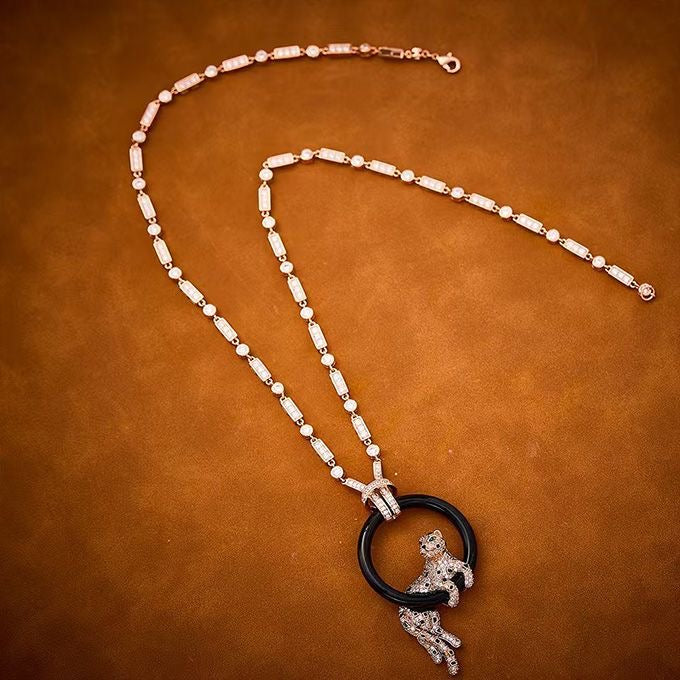 [Dawnora Jewelry jewelrys]NEW BLACK CIRCLE PANTHER FULL DIAMOND NECKLACE