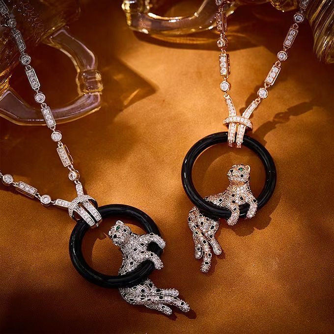 [Dawnora Jewelry jewelrys]NEW BLACK CIRCLE PANTHER FULL DIAMOND NECKLACE