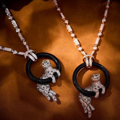 [Dawnora Jewelry jewelrys]NEW BLACK CIRCLE PANTHER FULL DIAMOND NECKLACE