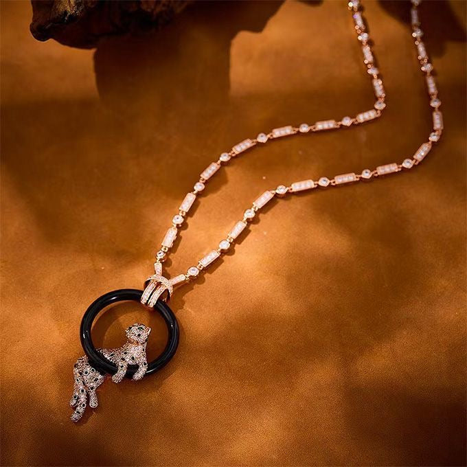 [Dawnora Jewelry jewelrys]NEW BLACK CIRCLE PANTHER FULL DIAMOND NECKLACE