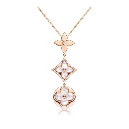 [Dawnora Jewelry]COLOR BLOSSOM LARIAT NECKLACE PINK GOLD WHITE MOTHER PEARL AND DIAMOND