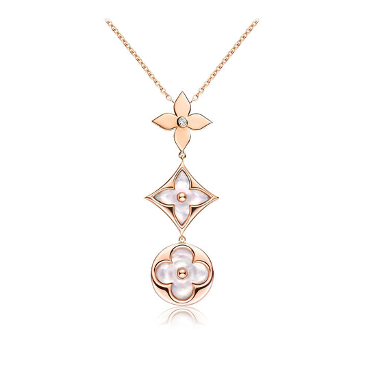 [Dawnora Jewelry]COLOR BLOSSOM LARIAT NECKLACE PINK GOLD WHITE MOTHER PEARL AND DIAMOND