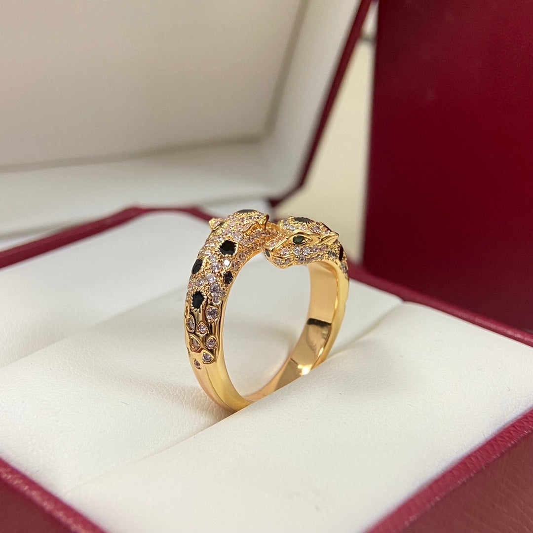 [Dawnora Jewelry]FULL DIAMOND DOUBLE LEOPARD HEAD RING